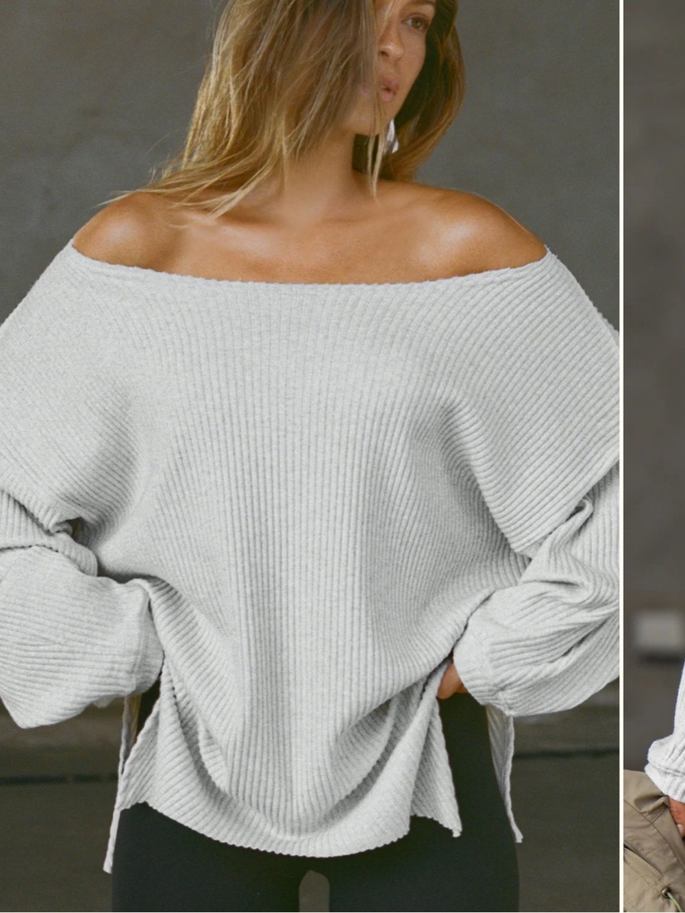 Joah Brown Off Shoulder Tunic rib knit pearl grey luxe knit long sleeve shirt - Picture 5 of 8